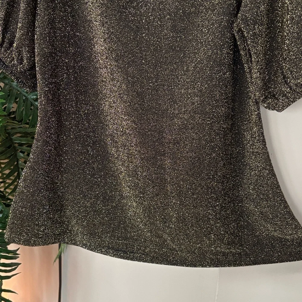 Boden Black Gold Metallic Sparkle Jersey Top Short Puff Sleeves Fitted Blouse